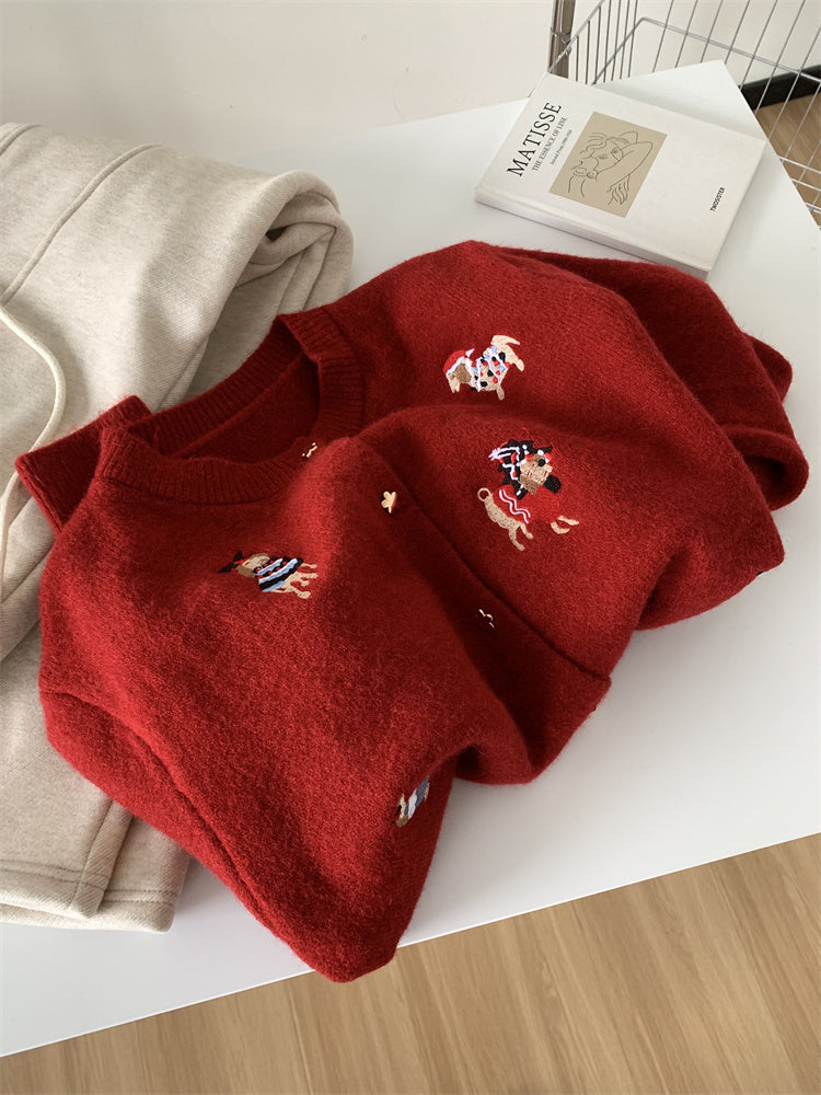 Women's Retro Machine Embroidery Christmas Red Puppy Knitted Sweater