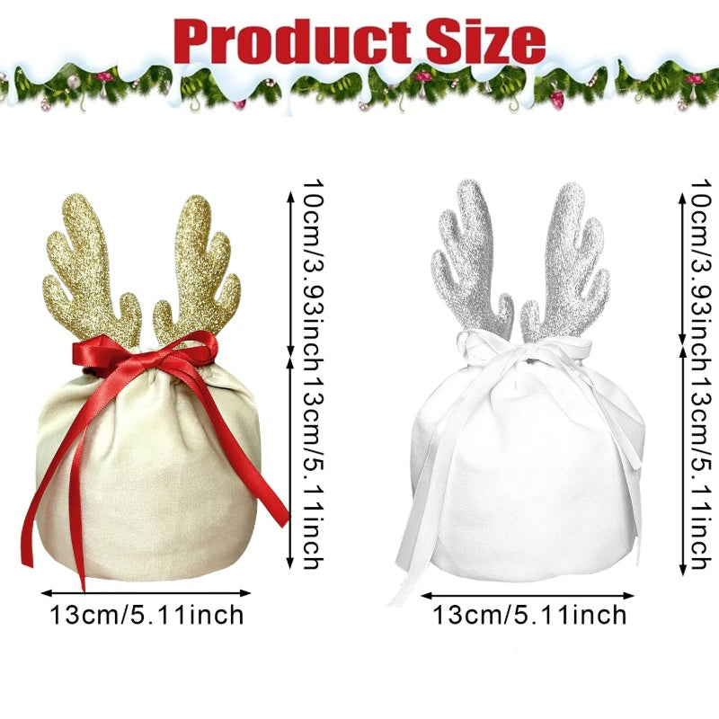 5Pcs Christmas Antler Gift Bags With Drawstring Flannel Gift Pouches Reusable Xmas Party Gift Wrapping Bag For Xmas New Year Birthday Wedding Winter Party Supplies