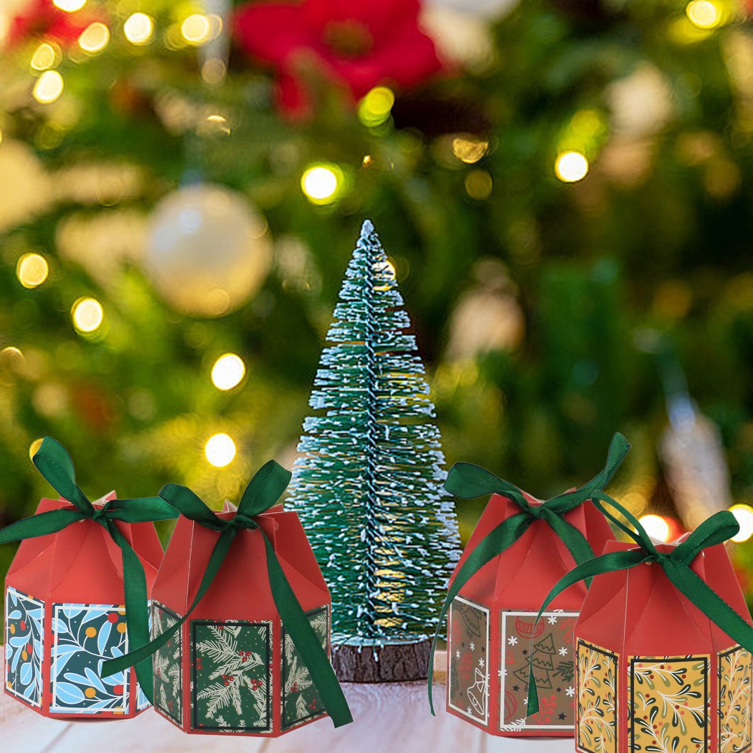 20PCS Christmas Treat Boxes With Ribbons Paper Christmas Tree Bells Pattern Goodie Box Retro Candy Bakery Box For Christmas Party Favors Wrapping Supplies