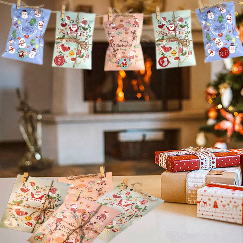 48-piece Christmas Advent Calendar Gift Bag Set, Envelope-style Gift Bags With Countdown Number Stickers From 1 To 24, Featuring Santa Claus And Snowman Patterns, Comes With Clips And Strings, Suitabl