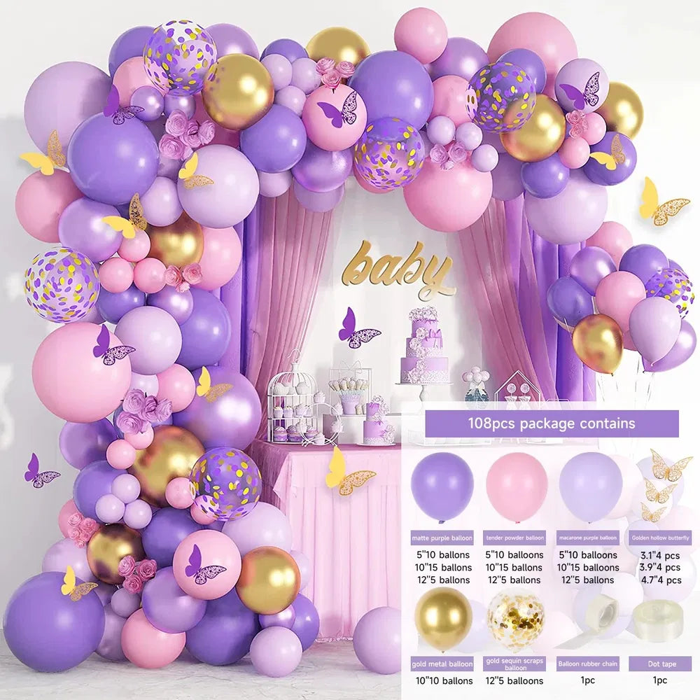 Purple Pink Butterfly Balloon Garland Arch Kit, Butterfly Baby Shower Decorations For Girl Women, Pink And Purple Gold Confetti Balloons For Birthday Bridal Shower Mothers Day Party Decorations
