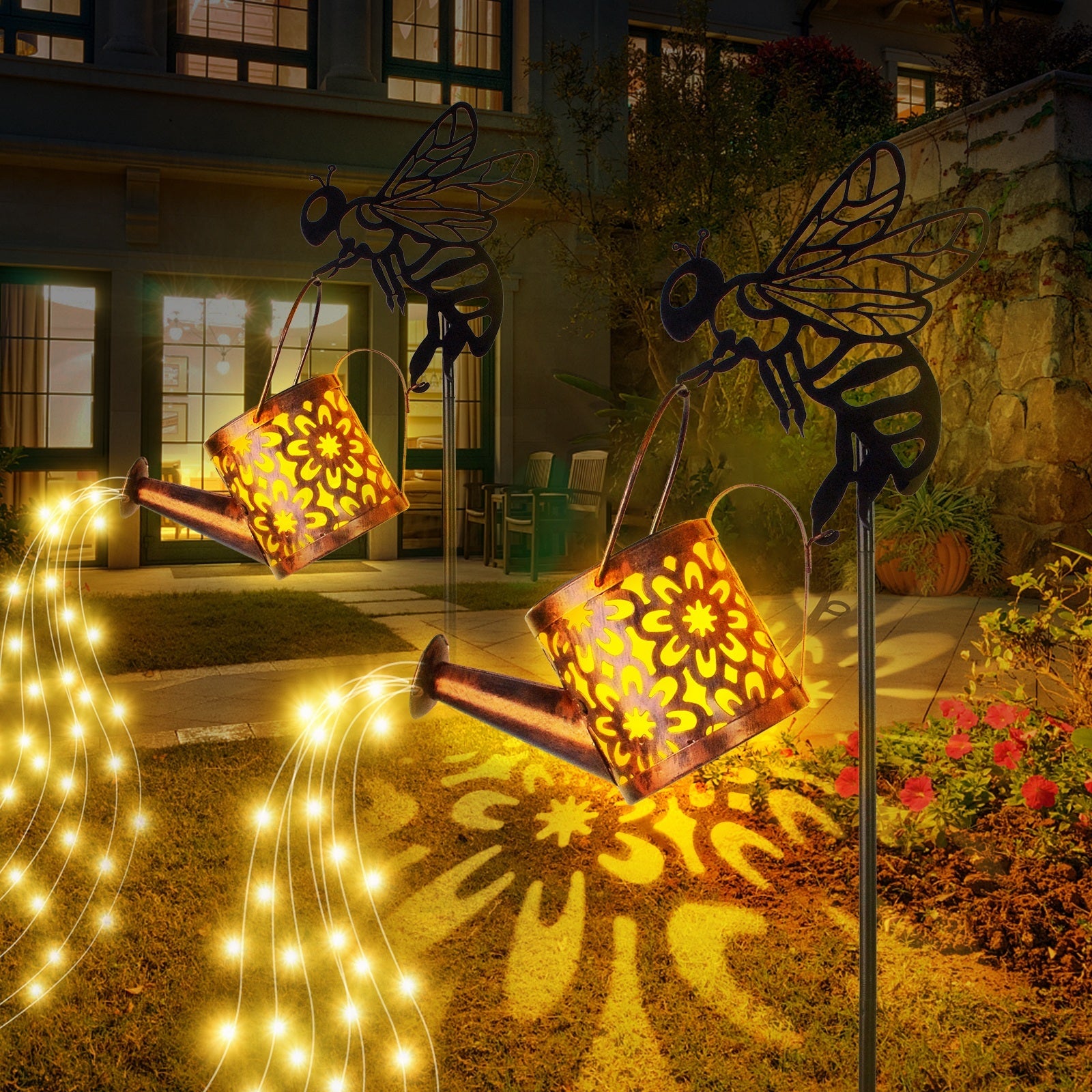 Solar Garden Lights Outdoor Decoration,Flower-shaped Lights Metal Solar Watering Can Lights Outdoor Waterproof, Small Patio Light Yard Lawn Pathway Decor, Gardening Gifts Solar Lantern Out