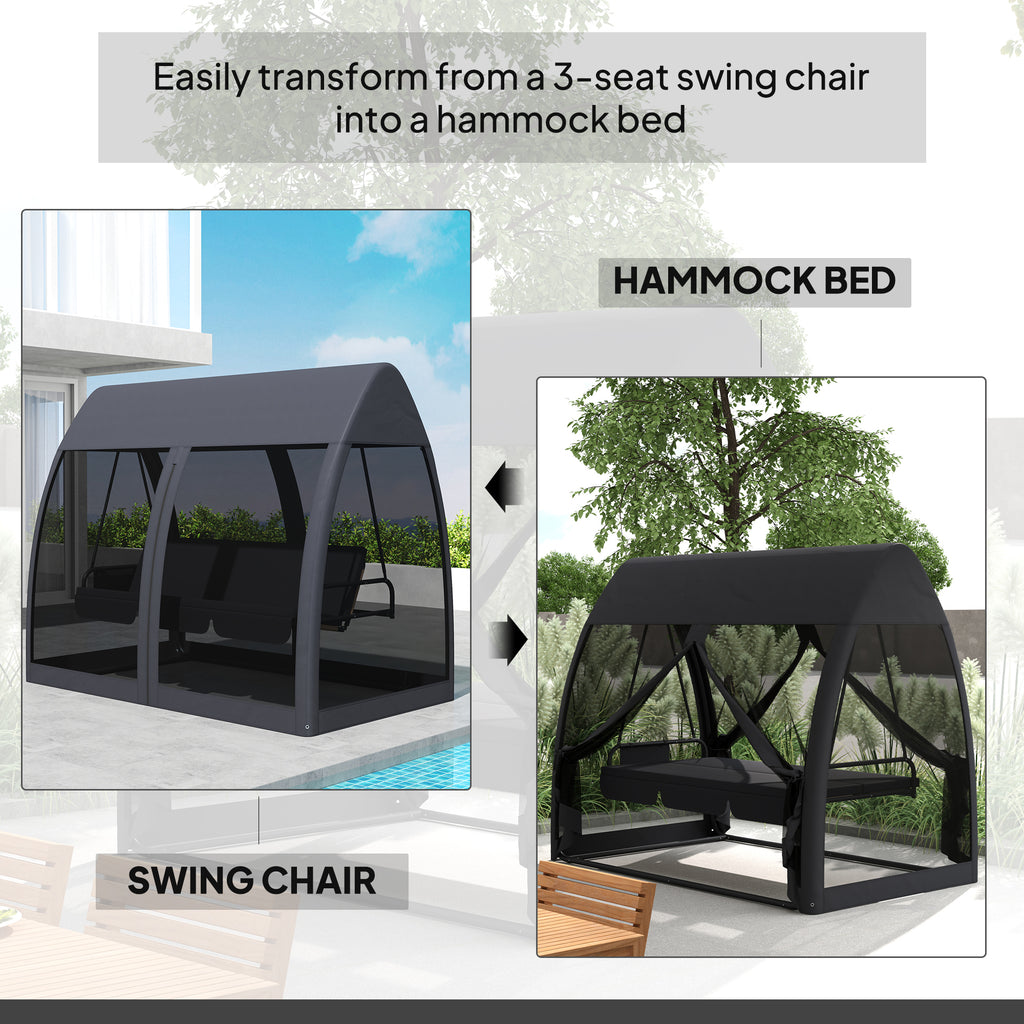 3 Seat Outdoor Swing Chair Convertible Covered Day Bed with Canopy, Mesh Netting, Steel Stand for Garden, Patio, Gray