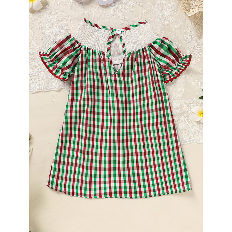 Toddler Infant Baby Girls Christmas Dress Short Sleeve Christmas Tree Embroidered Plaid Casual Party Dresses