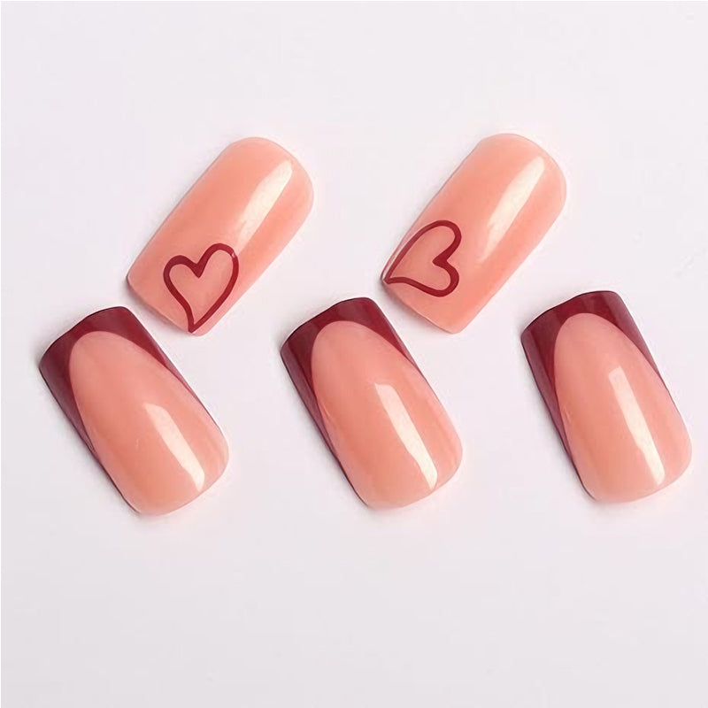 24 PCS Valentine's Day Press On Nails, French Tip Medium Square Wine Red Heart Fake Nails Natural Fit Gel Acrylic Nails, Glue On Nails False Nail Set