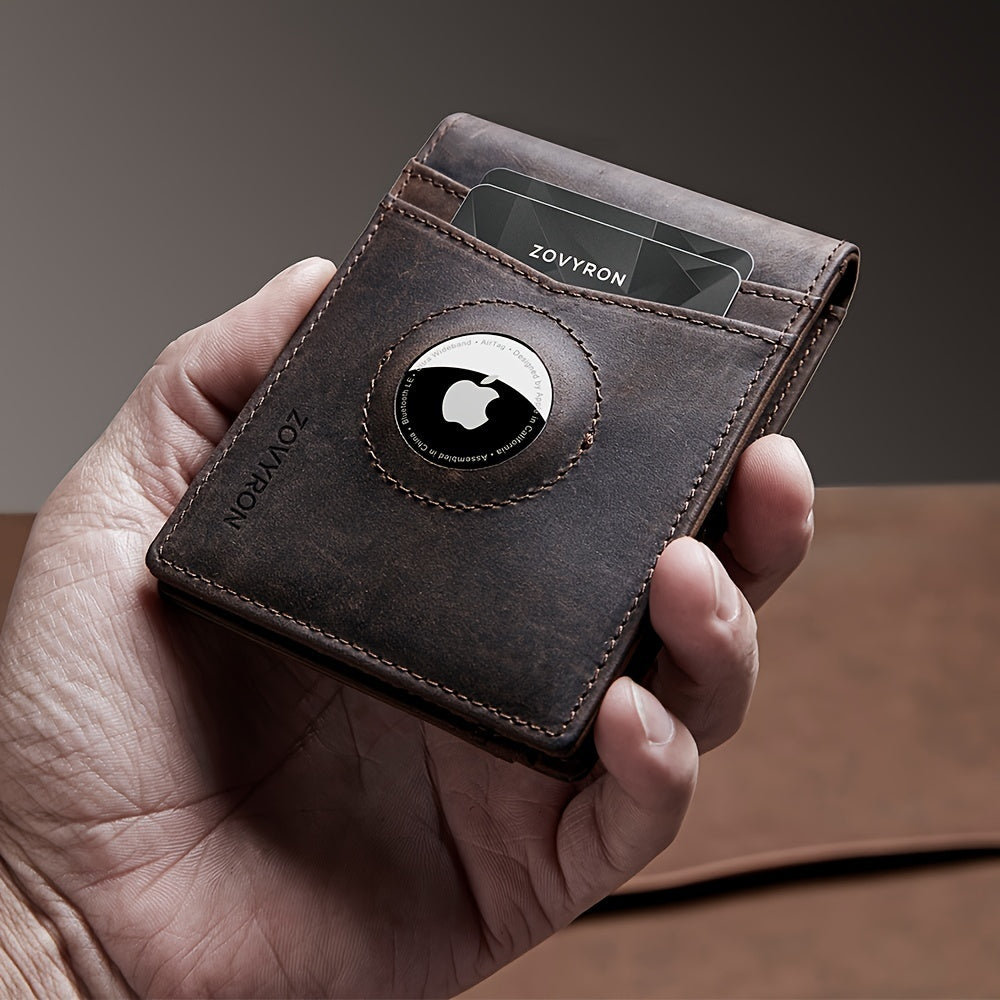 Mens Wallet Genuine Leather Slim Bifold Wallet With Airtag Holder, RFID Blocking, Front Pocket Wallet With Money Clip,ID Window Credit Card Holder