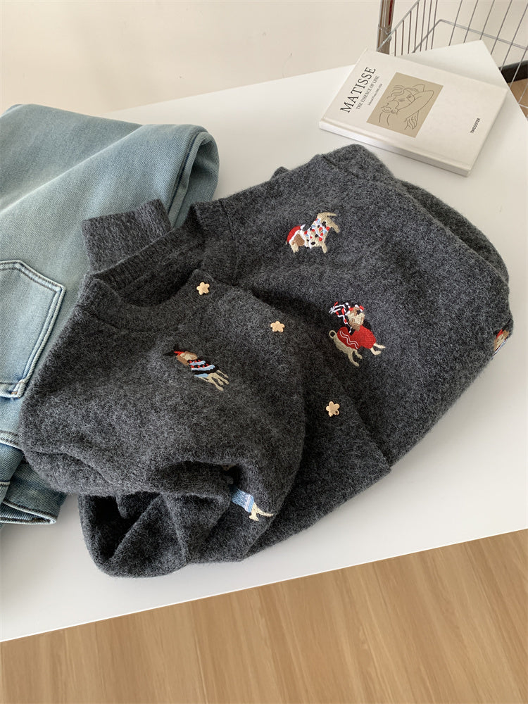 Women's Retro Machine Embroidery Christmas Red Puppy Knitted Sweater