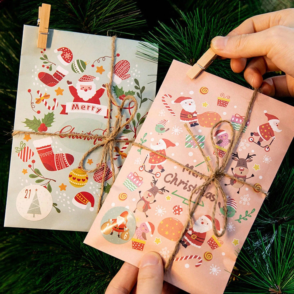 48-piece Christmas Advent Calendar Gift Bag Set, Envelope-style Gift Bags With Countdown Number Stickers From 1 To 24, Featuring Santa Claus And Snowman Patterns, Comes With Clips And Strings, Suitabl