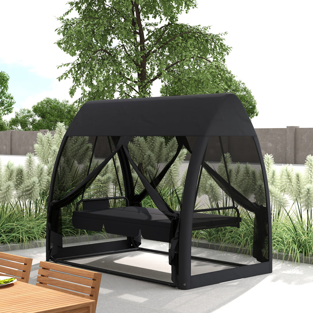 3 Seat Outdoor Swing Chair Convertible Covered Day Bed with Canopy, Mesh Netting, Steel Stand for Garden, Patio, Gray