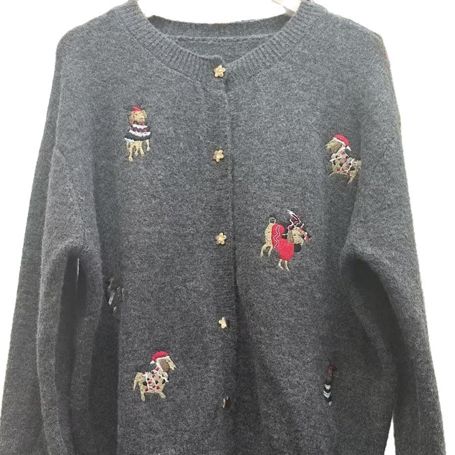 Women's Retro Machine Embroidery Christmas Red Puppy Knitted Sweater