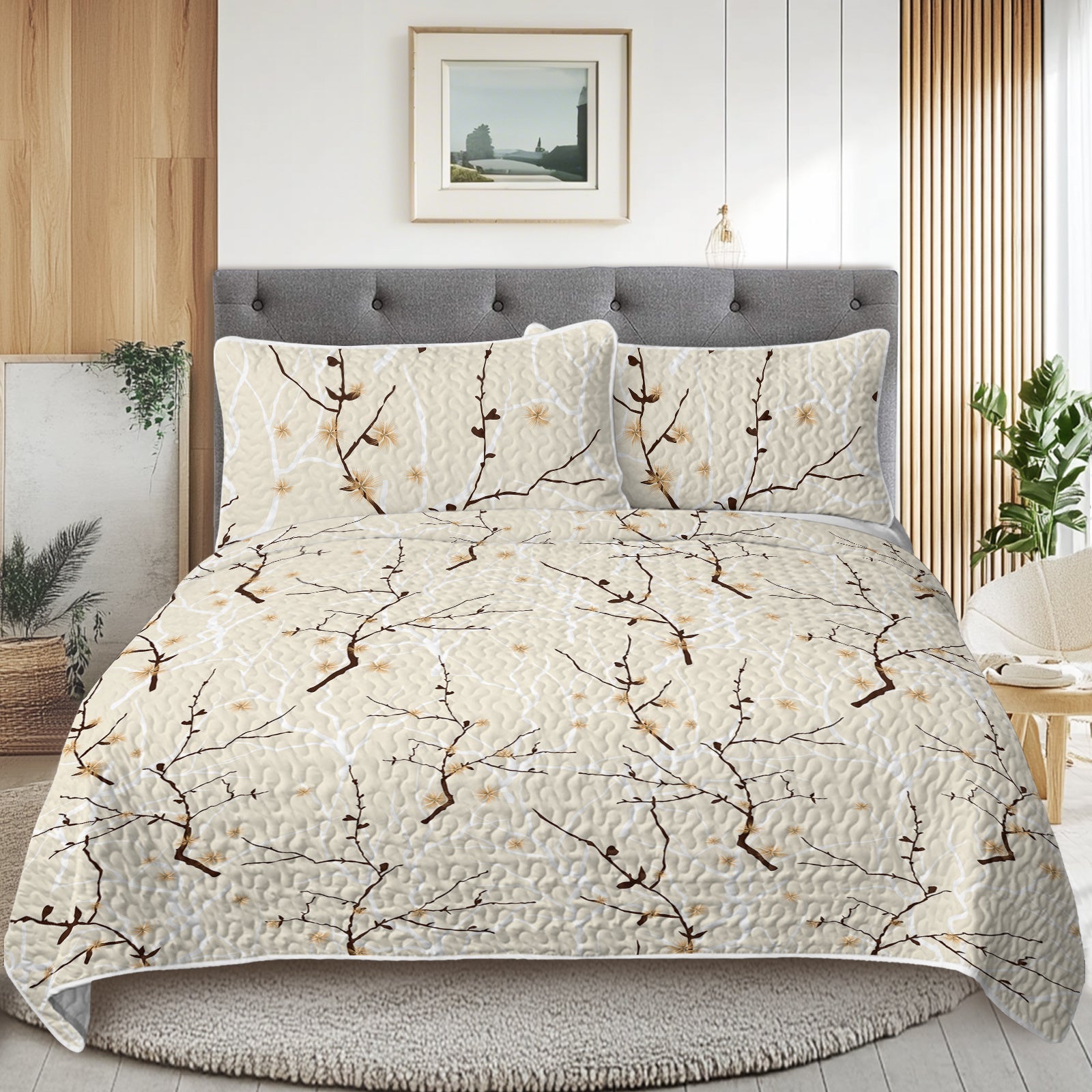 3pcs Minimalist Tree Branch Patterned Blankets Suitable For All Seasons, Including Flower And Autumn Leaf Bedding Sets With 2 Pillowcases, Suitable For Children And Adults