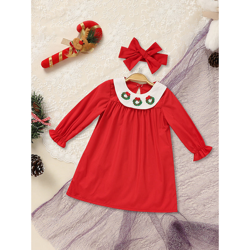 Toddler Kids Baby Girls Christmas Dress Christmas Wreath Embroidered Party Dresses With Headband