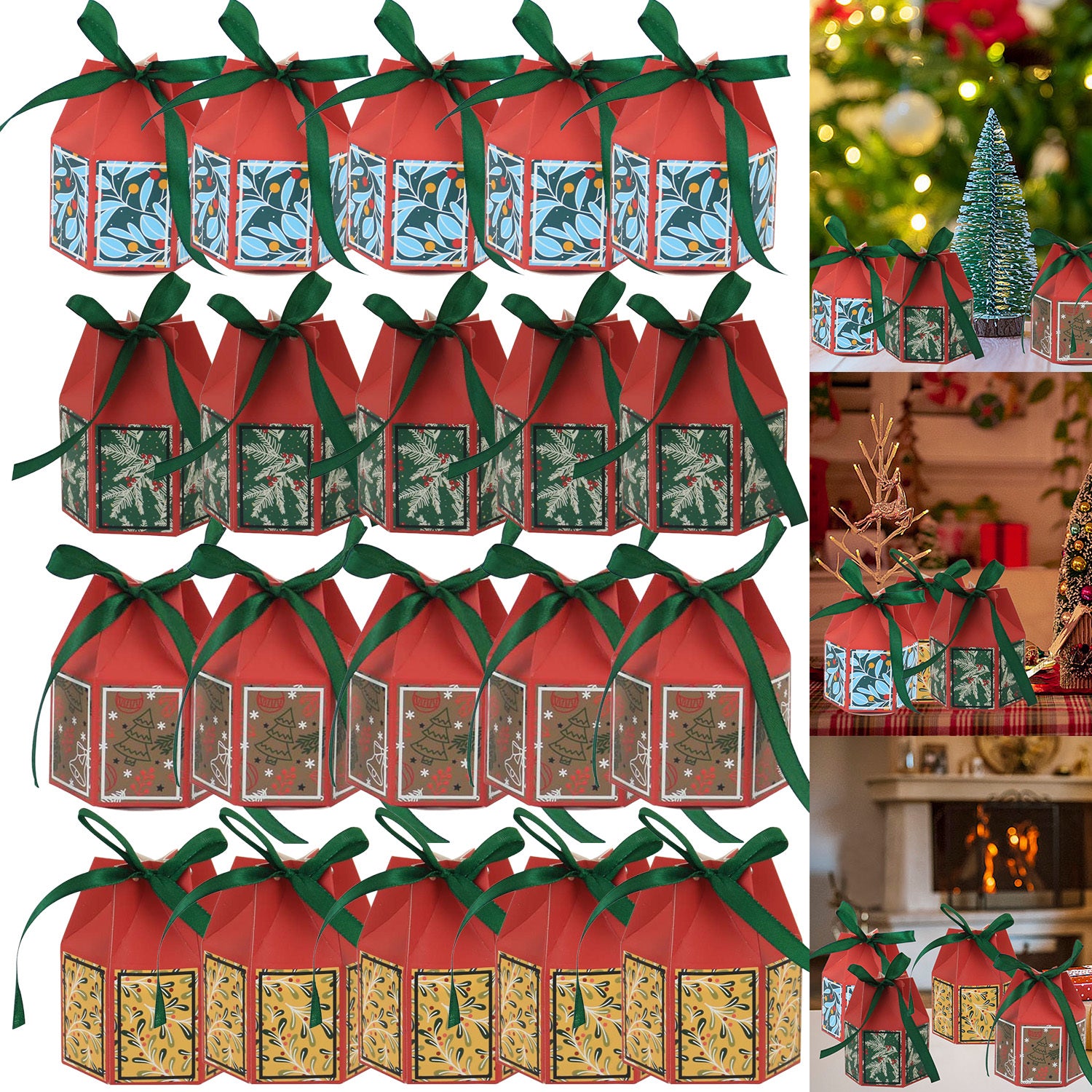20PCS Christmas Treat Boxes With Ribbons Paper Christmas Tree Bells Pattern Goodie Box Retro Candy Bakery Box For Christmas Party Favors Wrapping Supplies
