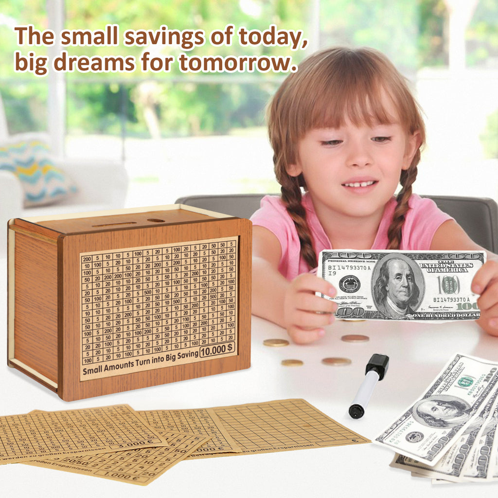 Nepfaivy Money Saving Box 10,000-10000 Savings Challenge Box, Money Box For Cash Save, Cash Vault Wooden Saver Box, Caja De Ahorro 10k, Cashbox With Counting Target, Adults Kids Gifts For Christmas