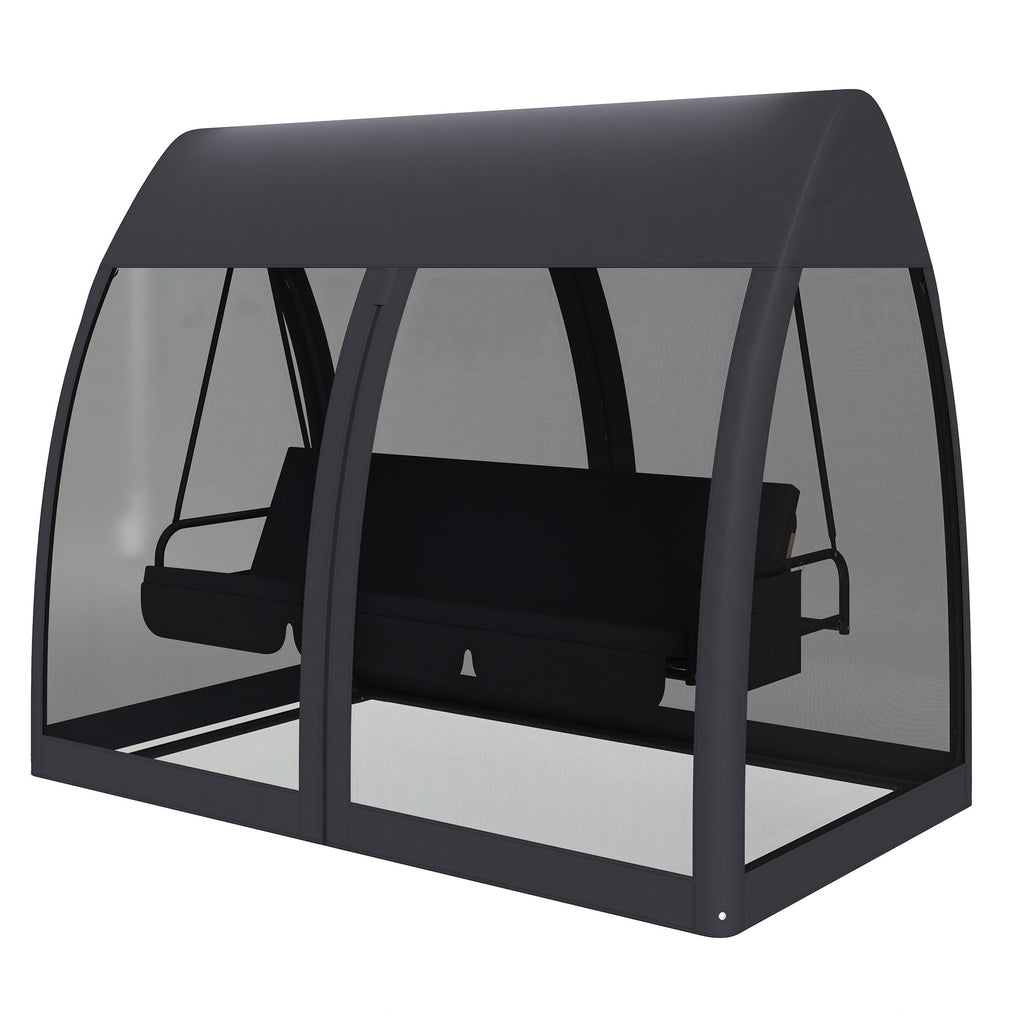 3 Seat Outdoor Swing Chair Convertible Covered Day Bed with Canopy, Mesh Netting, Steel Stand for Garden, Patio, Gray
