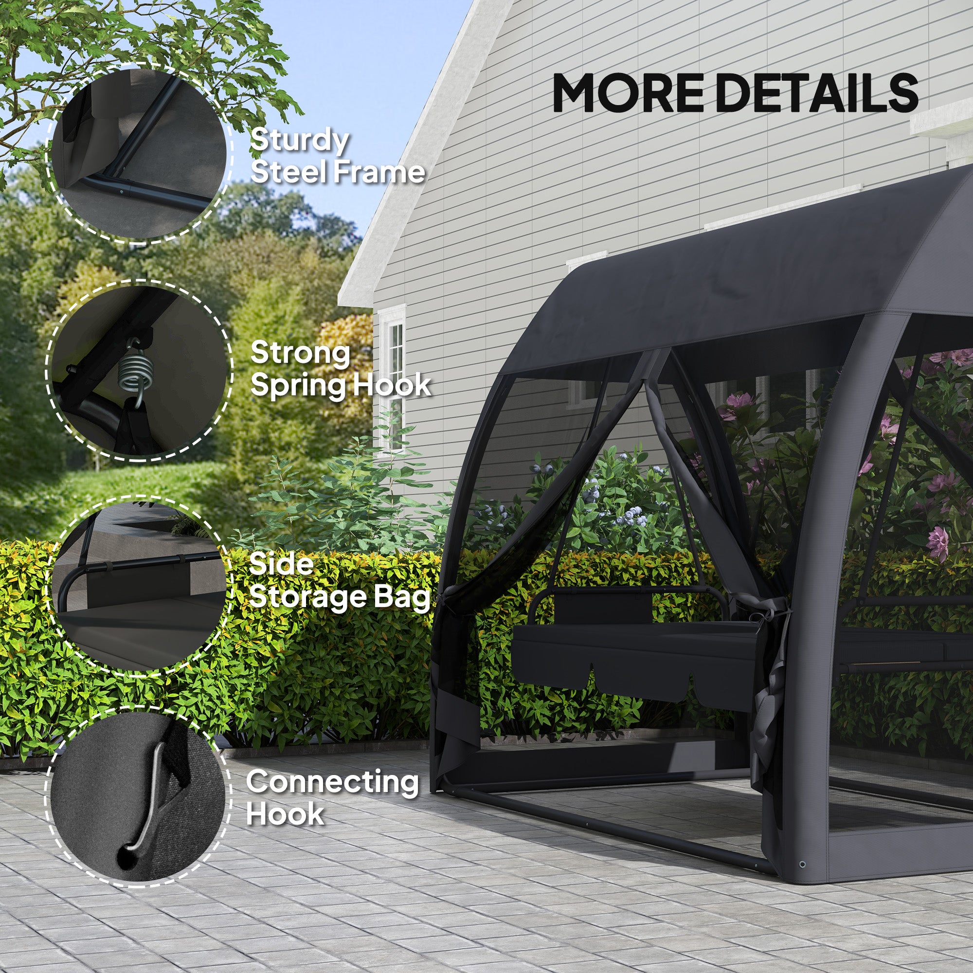 3 Seat Outdoor Swing Chair Convertible Covered Day Bed with Canopy, Mesh Netting, Steel Stand for Garden, Patio, Gray