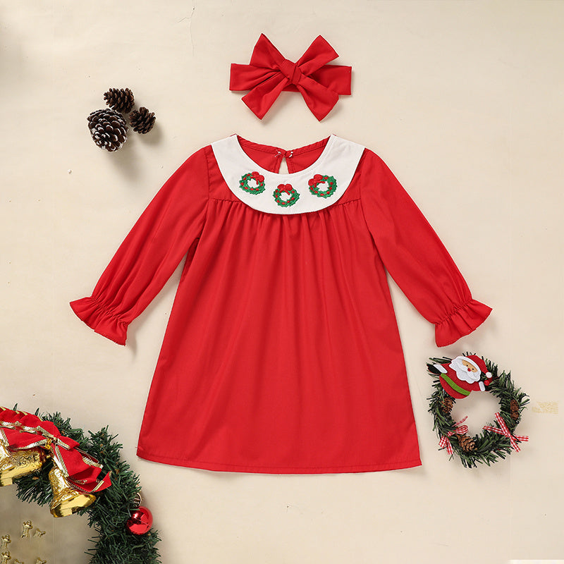 Toddler Kids Baby Girls Christmas Dress Christmas Wreath Embroidered Party Dresses With Headband