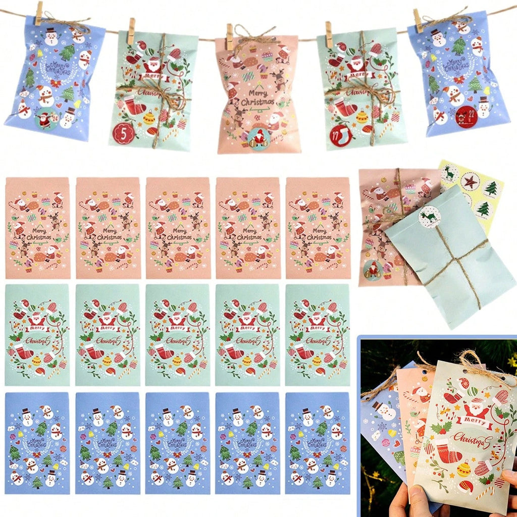 48-piece Christmas Advent Calendar Gift Bag Set, Envelope-style Gift Bags With Countdown Number Stickers From 1 To 24, Featuring Santa Claus And Snowman Patterns, Comes With Clips And Strings, Suitabl