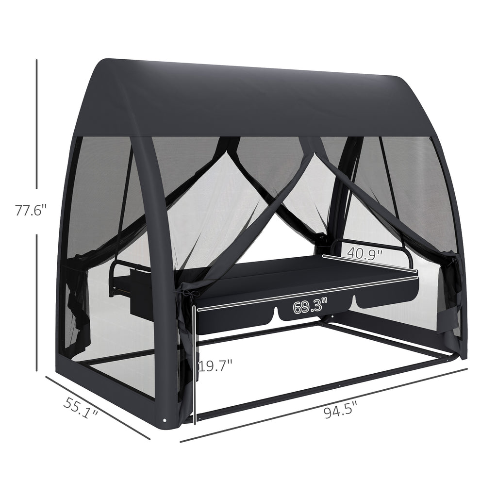 3 Seat Outdoor Swing Chair Convertible Covered Day Bed with Canopy, Mesh Netting, Steel Stand for Garden, Patio, Gray