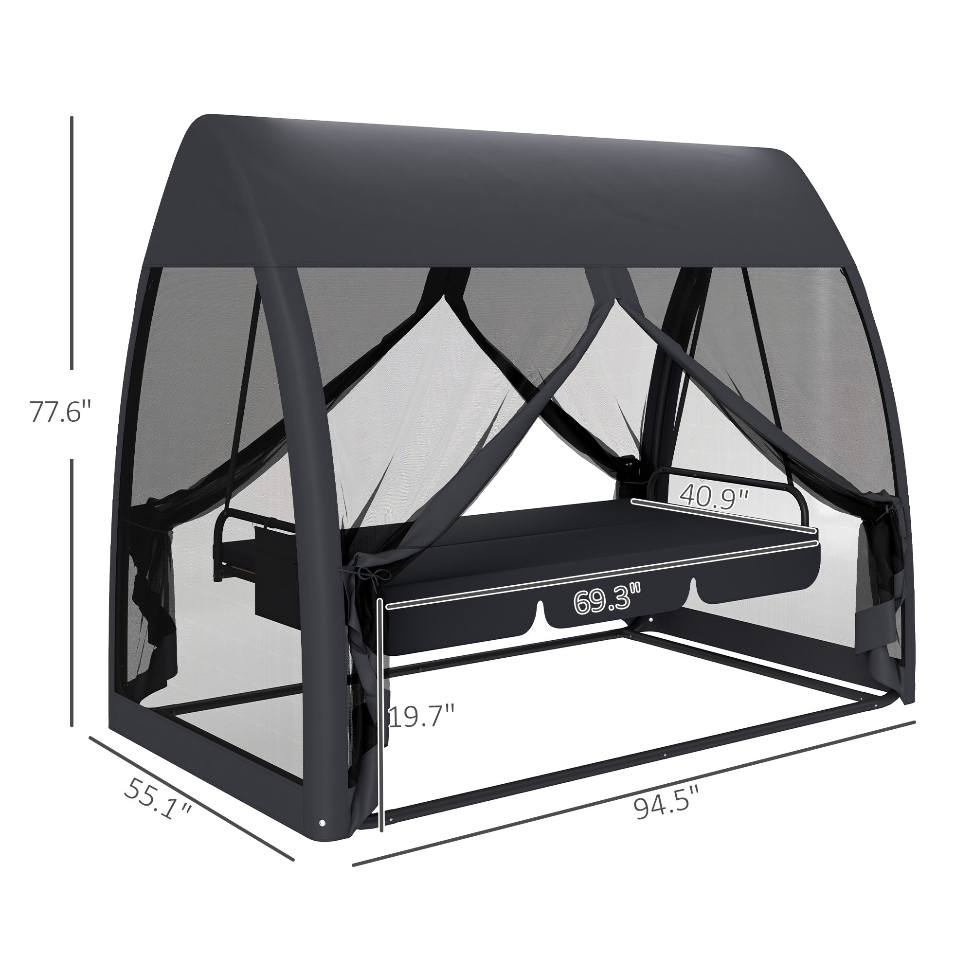 3 Seat Outdoor Swing Chair Convertible Covered Day Bed with Canopy, Mesh Netting, Steel Stand for Garden, Patio, Gray