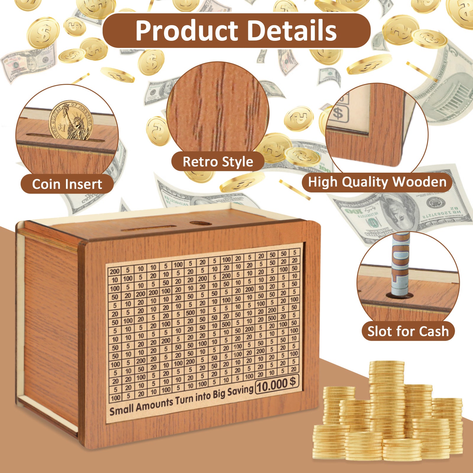 Nepfaivy Money Saving Box 10,000-10000 Savings Challenge Box, Money Box For Cash Save, Cash Vault Wooden Saver Box, Caja De Ahorro 10k, Cashbox With Counting Target, Adults Kids Gifts For Christmas