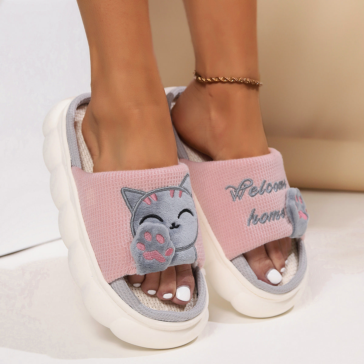Cute Cartoon Kitten Home Slippers For Women