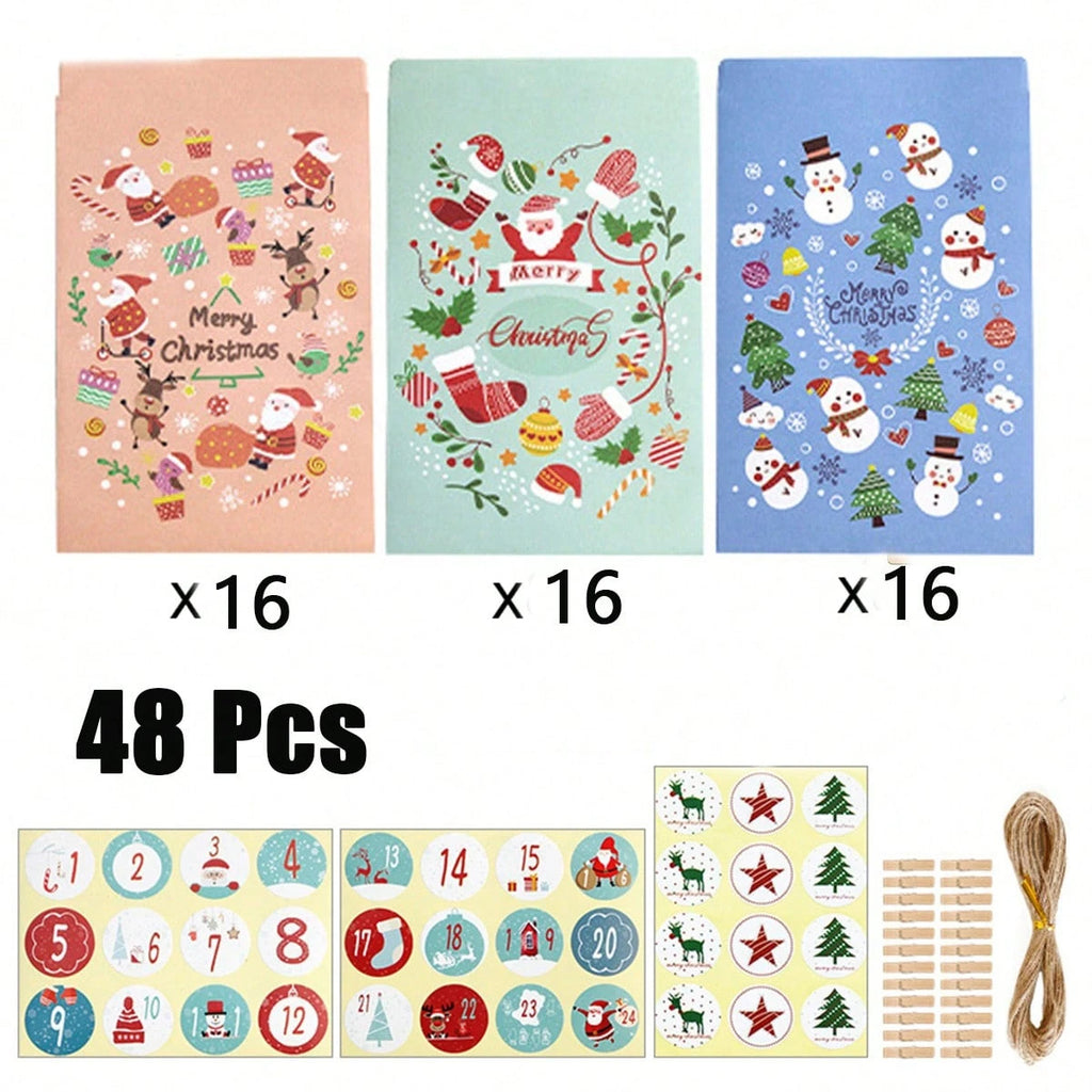 48-piece Christmas Advent Calendar Gift Bag Set, Envelope-style Gift Bags With Countdown Number Stickers From 1 To 24, Featuring Santa Claus And Snowman Patterns, Comes With Clips And Strings, Suitabl