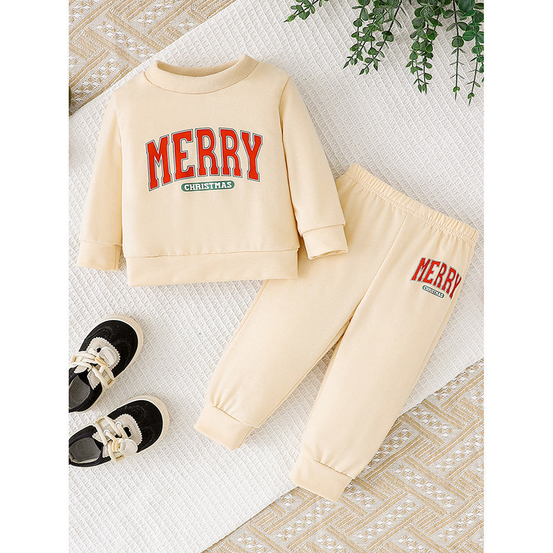 Baby Girls 2Pcs Christmas Outfits MERRY Christmas Letter Print Round Neck Long Sleeve Sweatshirt & Pants Set