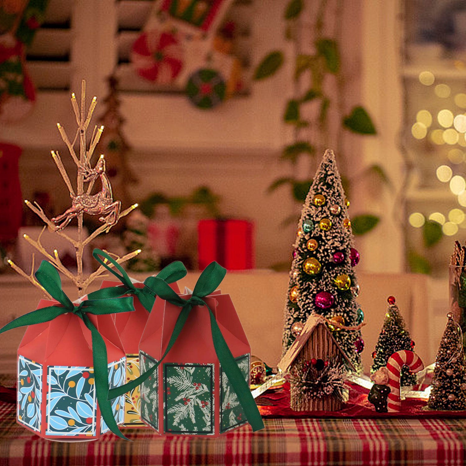 20PCS Christmas Treat Boxes With Ribbons Paper Christmas Tree Bells Pattern Goodie Box Retro Candy Bakery Box For Christmas Party Favors Wrapping Supplies