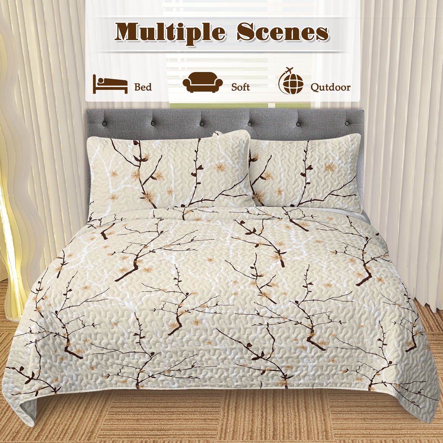 3pcs Minimalist Tree Branch Patterned Blankets Suitable For All Seasons, Including Flower And Autumn Leaf Bedding Sets With 2 Pillowcases, Suitable For Children And Adults